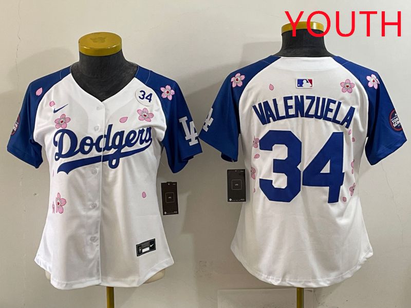Youth Los Angeles Dodgers #34 Valenzuela White Blue Sakura Edition 2025 Nike MLB Jersey style 37->youth mlb jersey->Youth Jersey